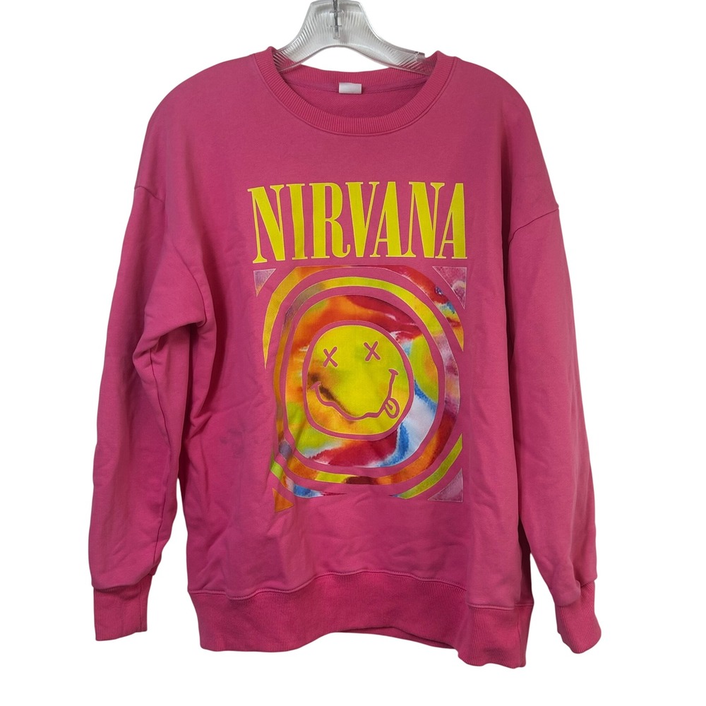 Nirvana Pink Graphic Sweatshirt Smiley Face Tie Dye Logo Cotton Pullover Large